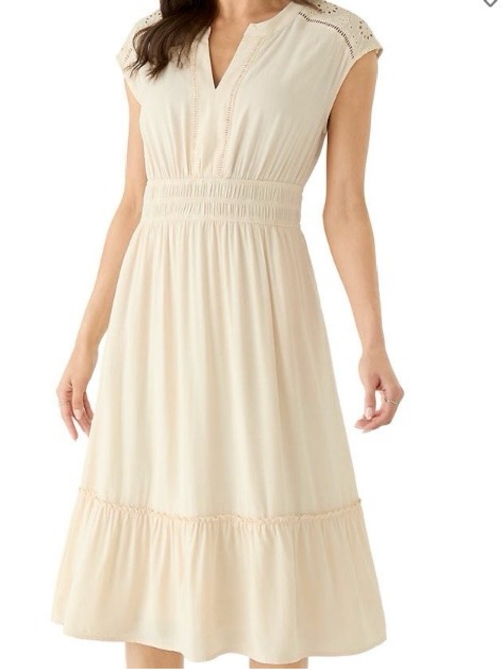 Lucky Brand Creamy Tan Smocked-Waist Sleeveless Midi Dress, Size Small